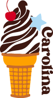 illustration of an ice cream cone with swirly dark brown chocolatey ice cream, a cherry on top, and a little blue star on top, like a topping. The word "Carolina" is written vertically on the side